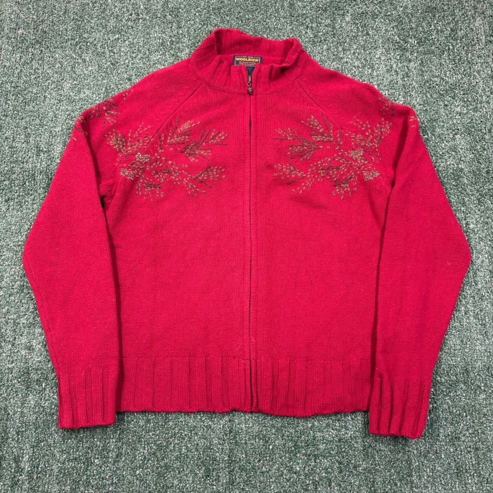 Vintage Woolrich Full Zip Sweater Cardigan Embroidered Red Knit